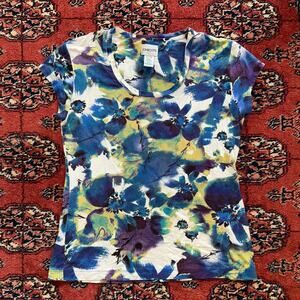 Chico's Size 0 (S/4)‎ Blue/Green/Purple Watercolor Print Stretch Rayon T-Shirt
